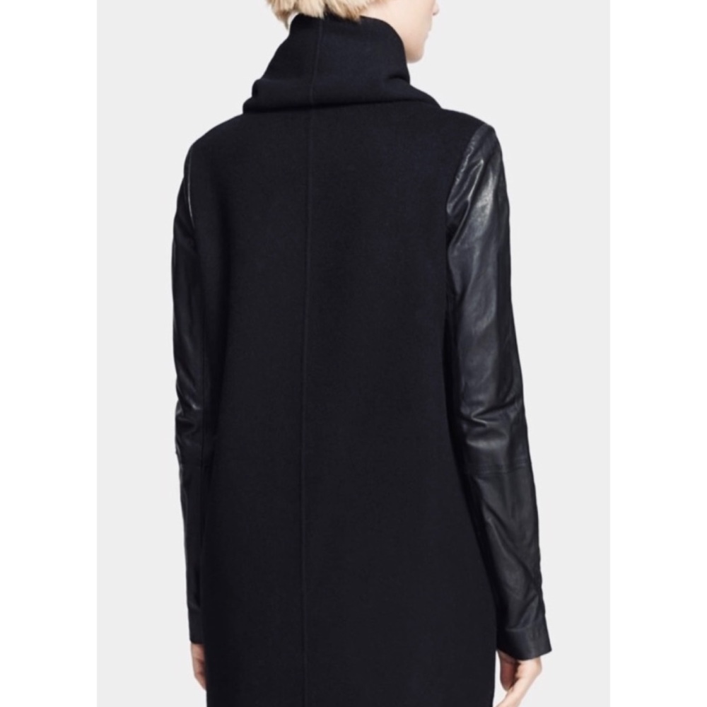 VINCE • Black Leather-Sleeve Shawl Collar Wool Trench Coat, XS - Picture 2 of 15